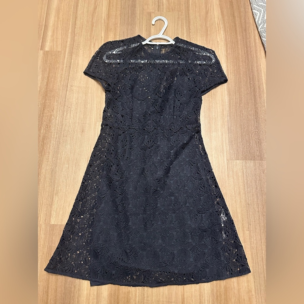 Maje Navy Blue lace A-Line Midi Dress with Bateau Neckline